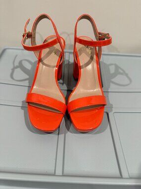 Mix No. 6 Orange Patent Block Heel Sandals | Size 6.5